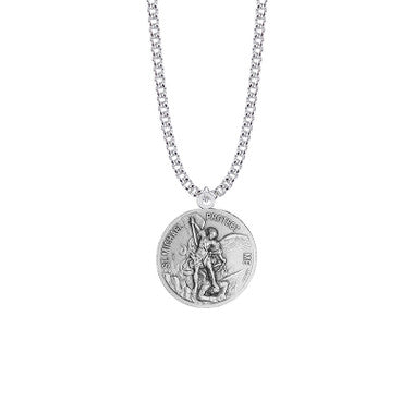 Large St. Michael Air Force Necklace - Sterling Silver Round Medal On 24" Stainless Chain (SM8250SH)