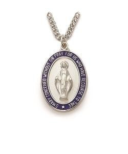 Mens Blue Miraculous Medal Necklace - Sterling Silver Pendant on 24 Stainless Chain SM8034SH