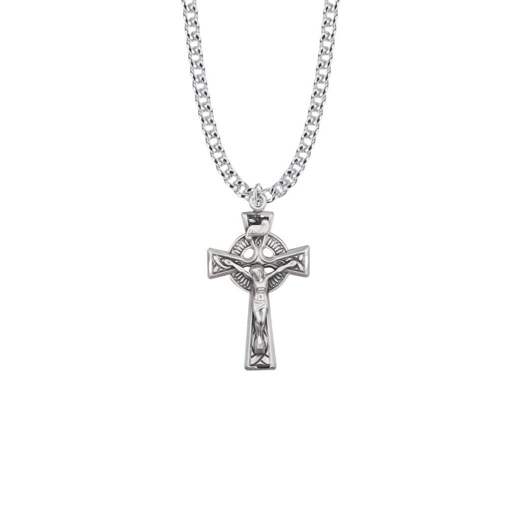 Mens Celtic Crucifix Necklace - Sterling Silver Pendant on 24 Stainless Steel Chain SX0890SH