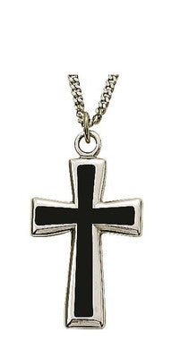 Mens Flared Black Enamel Cross Necklace - Sterling Silver Pendant on 24" Stainless Chain (SX9043SH)