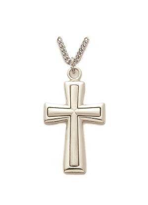 Mens Flared Satin Inner Cross Necklace - Sterling Silver Pendant on 24 Stainless Chain SX8627SH