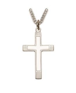 Men's Inner Polished Cross Necklace - Sterling Silver Pendant on 24" Stainless Chain (SX8001SH)
