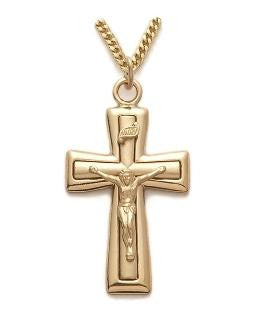 Mens Polished Edge Satin Crucifix Necklace - 24KT Gold Over Sterling Silver Pendant on 24 Gold Plated Chain SX8605VH