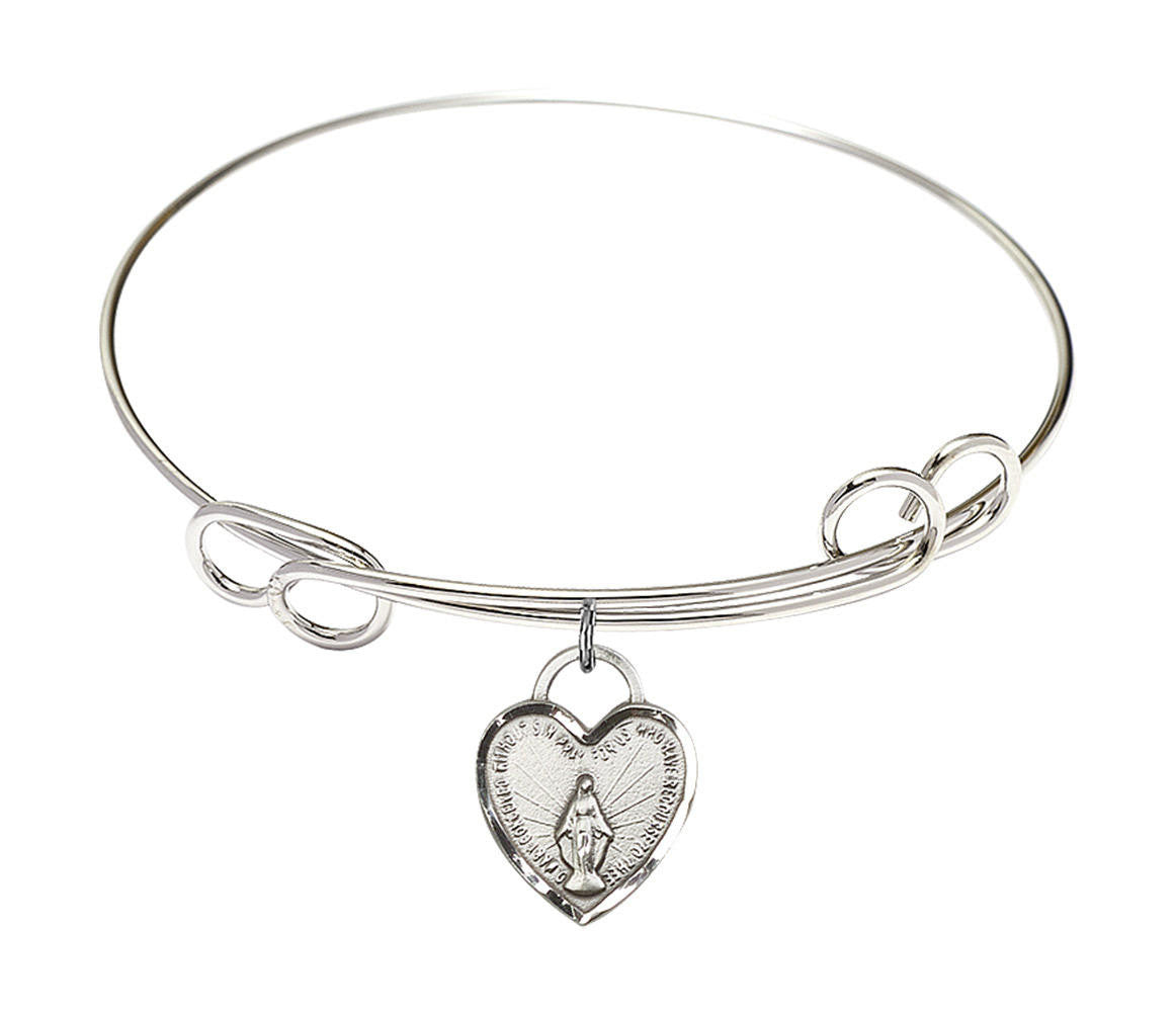 Miraculous Heart Double Loop Bangle Bracelet - Sterling Silver Charm