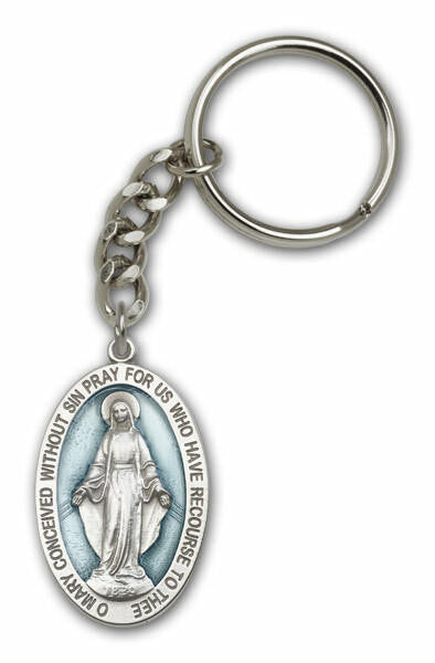 Miraculous Medal Keychain - Silver Finish - Blue Epoxy Center