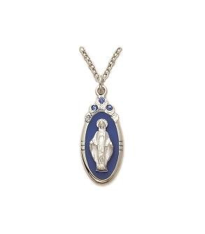 Miraculous Medal with Sapphire Stones Necklace - Sterling Silver Pendant on 18" Stainless Chain (SM8128SH)