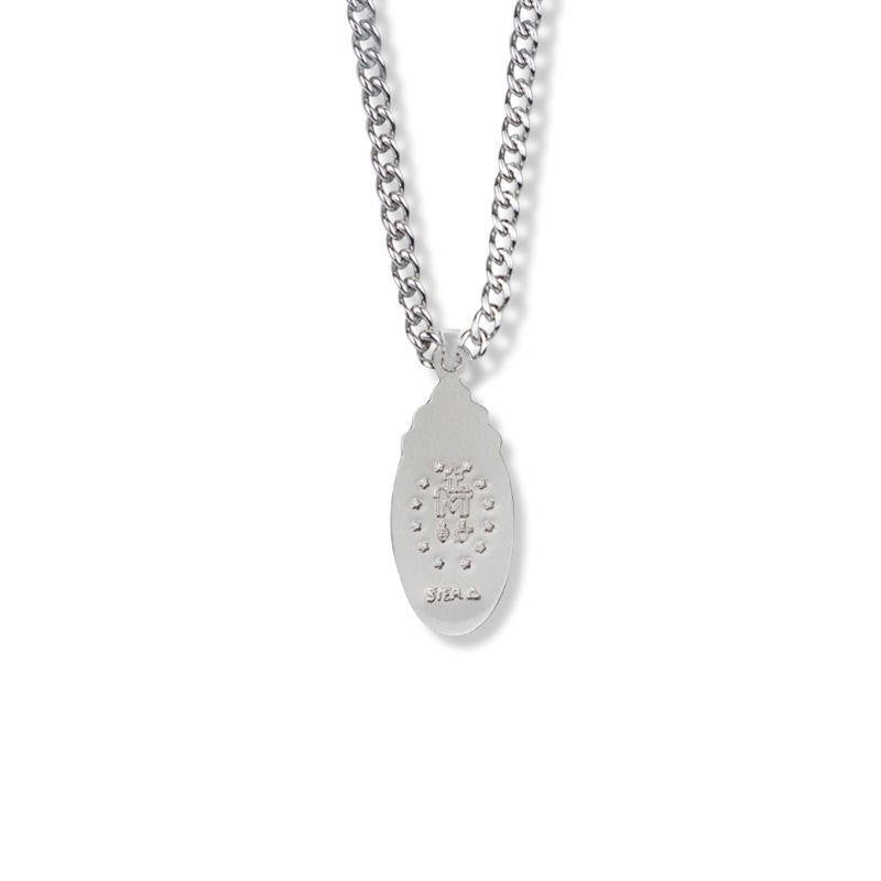 Miraculous Medal with Sapphire Stones Necklace - Sterling Silver Pendant on 18" Stainless Chain (SM8128SH)