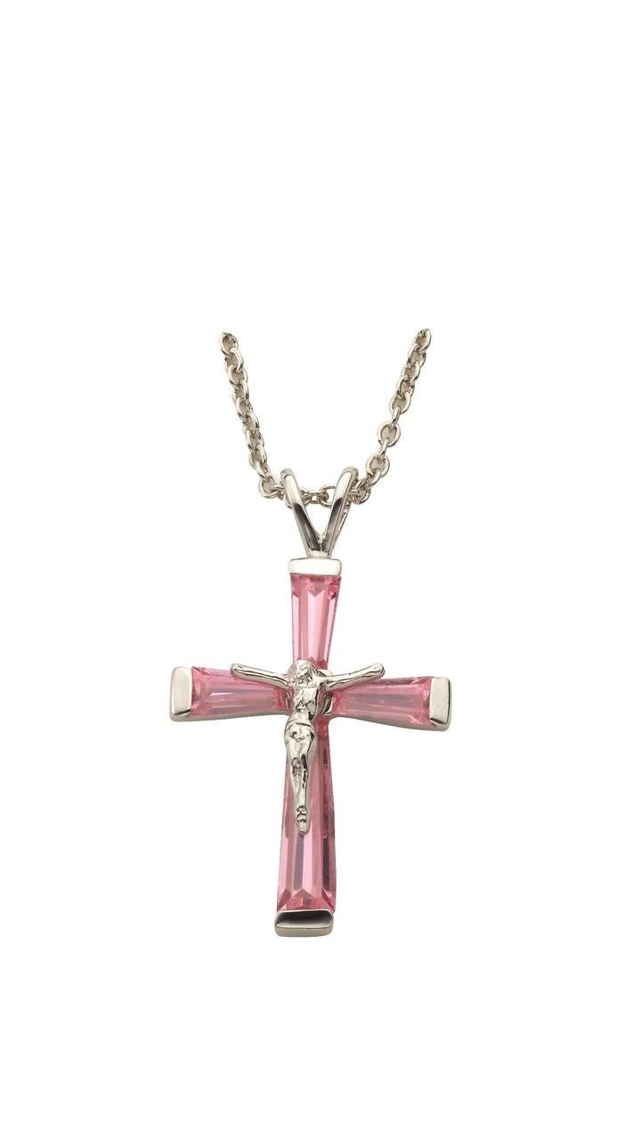 October Birthstone Crucifix Necklace - Sterling Silver Pendant on 18 Stainless Steel Chain SX9306SH