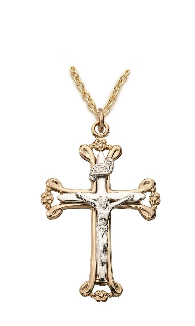 Open 2Tone Crucifix Necklace - 24KT Gold Over Sterling Silver Pendant on 18 Gold Plated Chain SX8908VH