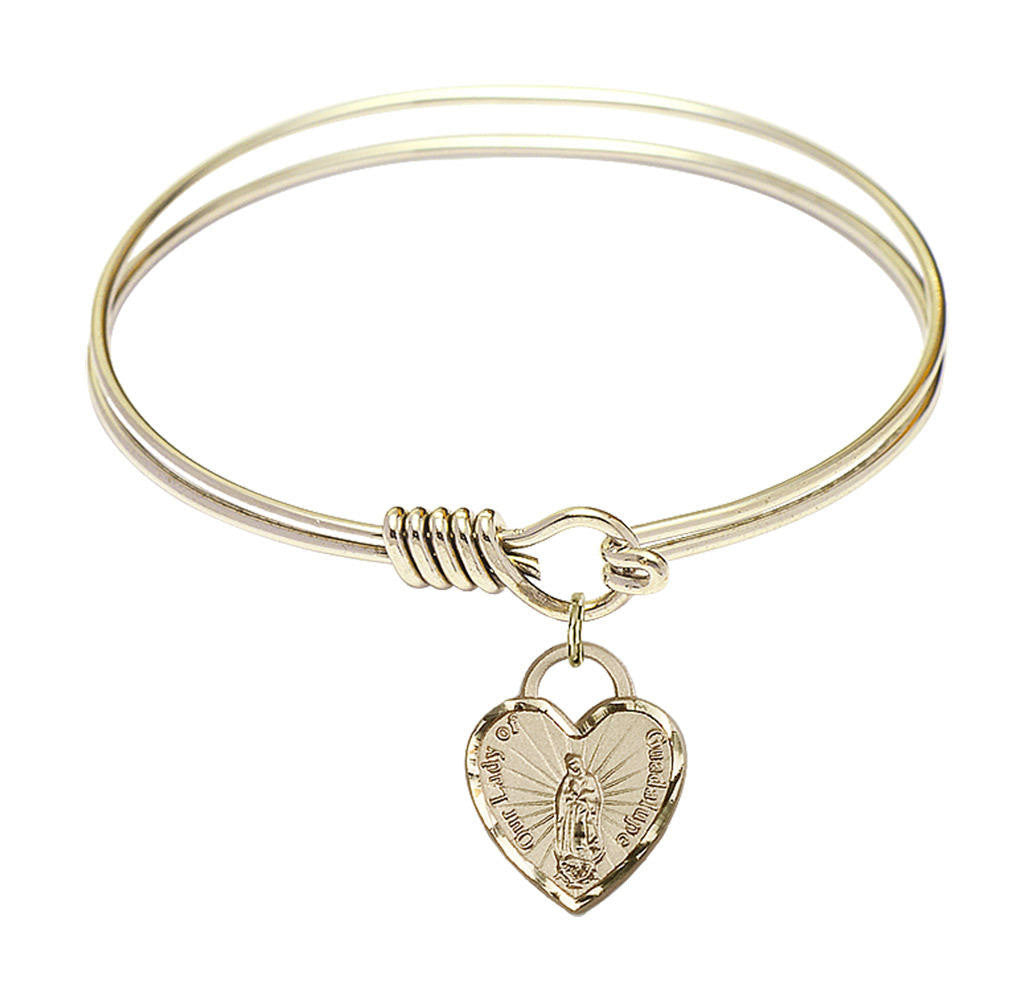 Our Lady of Guadalupe Heart Round Eye Hook Bangle Bracelet - Gold-Filled Charm - 6.25 Inch 3408GF