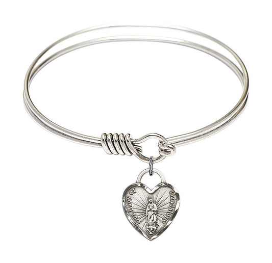 Our Lady of Guadalupe Heart Round Eye Hook Bangle Bracelet - Sterling Silver Charm - 6.25 Inch 3408SS
