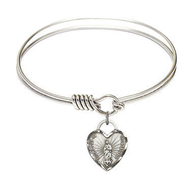Our Lady of Guadalupe Heart Round Eye Hook Bangle Bracelet - Sterling Silver Charm - 6.25 Inch  (3408SS)