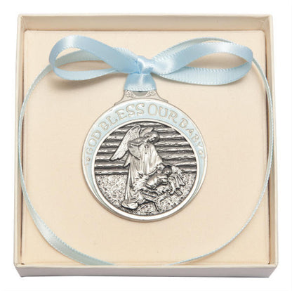 Pewter Baby In Manger Crib Medal With Blue Ribbon - Pendant 4301BPW