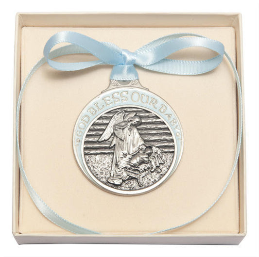 Pewter Baby In Manger Crib Medal With Blue Ribbon - Pendant 4301BPW