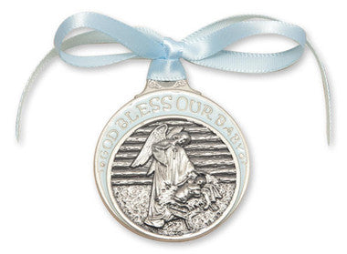 Pewter Baby In Manger Crib Medal With Blue Ribbon - Pendant (4301BPW)