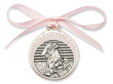 Pewter Baby In Manger Crib Medal With Pink Ribbon - Pendant (4301PPW)