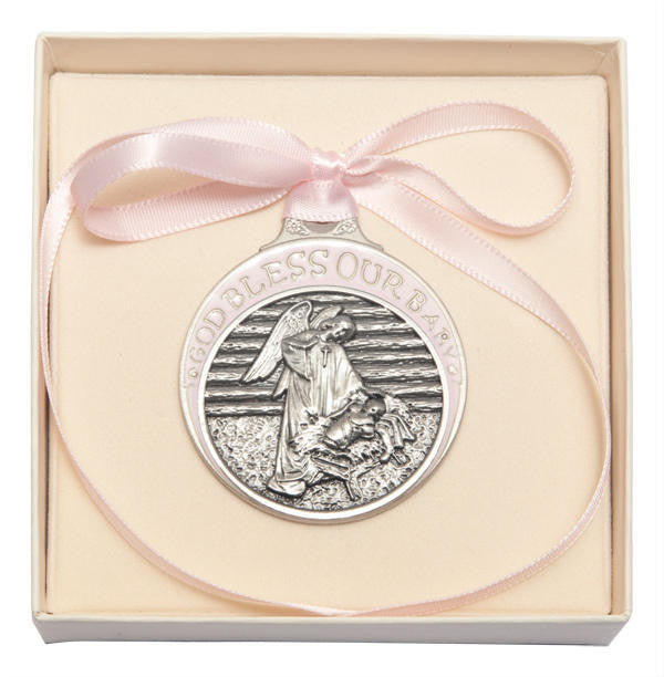 Pewter Baby In Manger Crib Medal With Pink Ribbon - Pendant 4301PPW