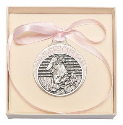 Pewter Baby In Manger Crib Medal With Pink Ribbon - Pendant 4301PPW