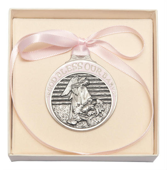 Pewter Baby In Manger Crib Medal With Pink Ribbon - Pendant 4301PPW