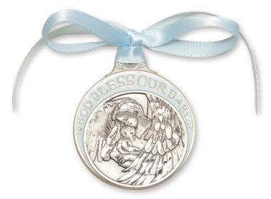 Pewter Baby With Angel Crib Medal With Blue Ribbon - Pendant (4300BPW)