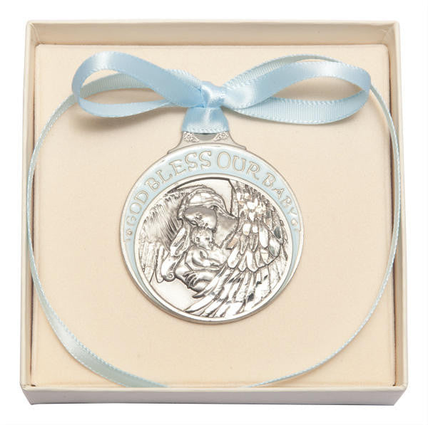 Pewter Baby With Angel Crib Medal With Blue Ribbon - Pendant 4300BPW