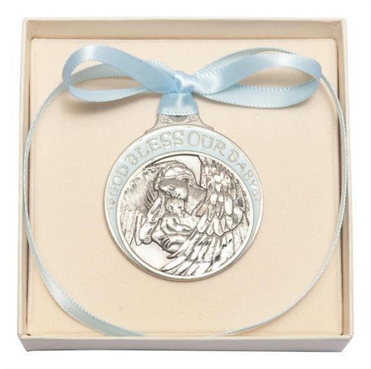 Pewter Baby With Angel Crib Medal With Blue Ribbon - Pendant 4300BPW