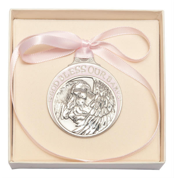 Pewter Baby With Angel Crib Medal With Pink Ribbon - Pendant 4300PPW