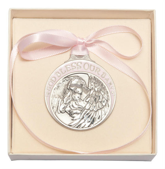 Pewter Baby With Angel Crib Medal With Pink Ribbon - Pendant 4300PPW