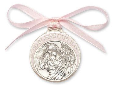 Pewter Baby With Angel Crib Medal With Pink Ribbon - Pendant (4300PPW)