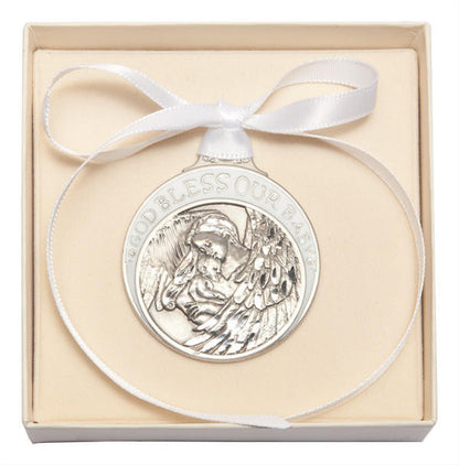 Pewter Baby With Angel Crib Medal With White Ribbon - Pendant 4300WPW