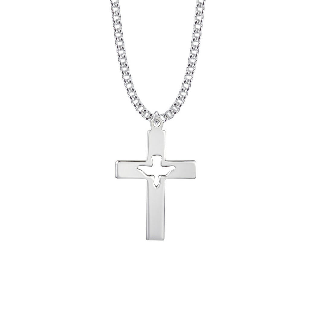 Pierced Dove On Cross Necklace - Sterling Silver Pendant On 24 Stainless Chain SX1273SH