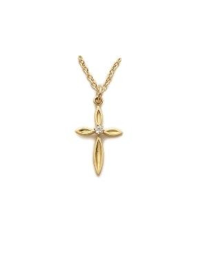 Pointed Cubic Zirconium Cross Necklace - 24KT Gold Over Sterling Silver Pendant on 18 Stainless Chain SX8112VH