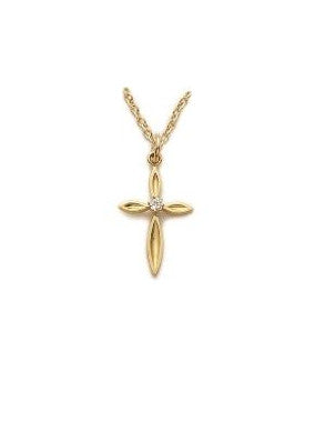 Pointed Cubic Zirconium Cross Necklace - 24KT Gold Over Sterling Silver Pendant on 18" Stainless Chain (SX8112VH)