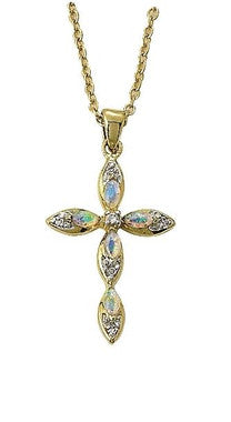 Pointed Opal Cubic Zirconium Cross Necklace - 24KT Gold Over Sterling Silver Pendant on 18" Gold Plated Chain (SX9058VH)