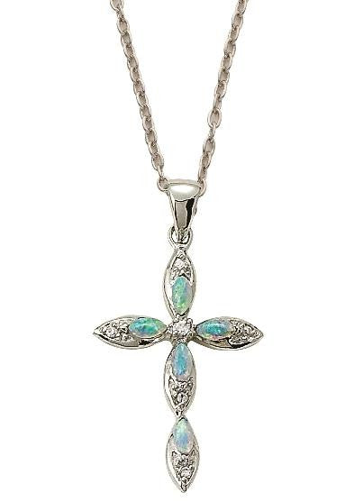 Pointed Opal Cubic Zirconium Crystal Cross Necklace - Sterling Silver Pendant on 18 Stainless Chain SX9058SH