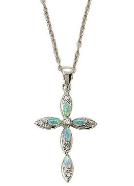 Pointed Opal Cubic Zirconium Crystal Cross Necklace - Sterling Silver Pendant on 18" Stainless Chain (SX9058SH)
