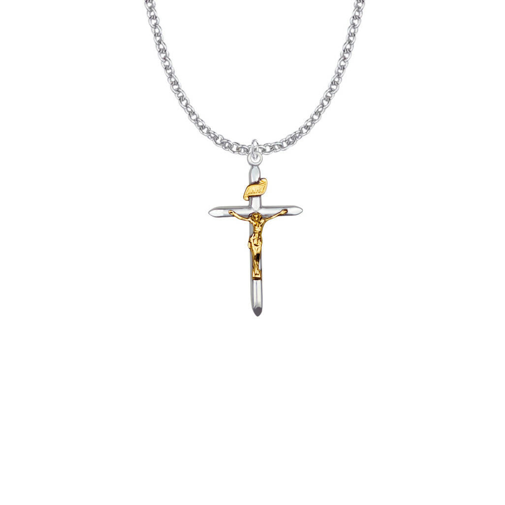 Pointed Tube Two-Tone Crucifix Necklace - Sterling Silver Pendant On 18 Stainless Steel Chain SX8038SH