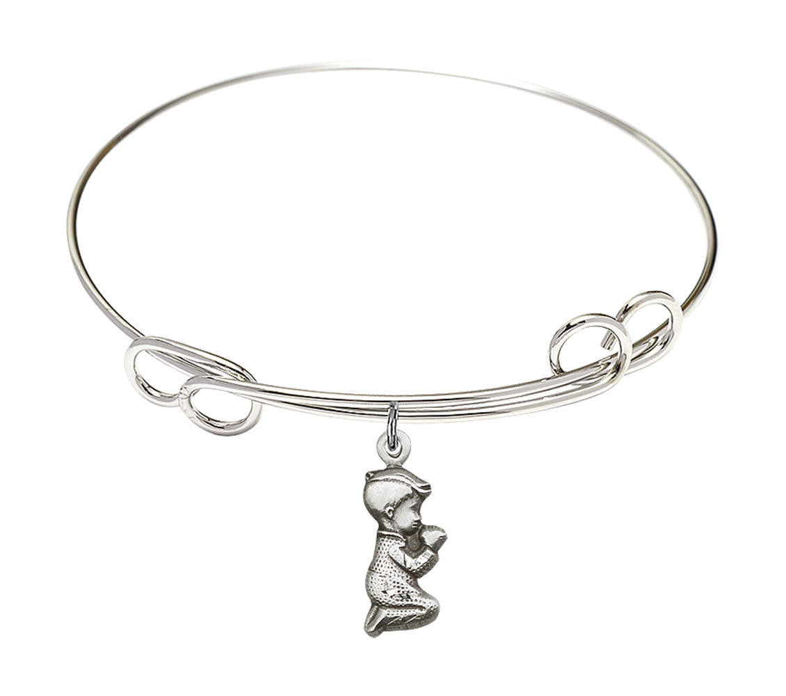 Praying Boy Double Loop Bangle Bracelet - Sterling Silver Charm