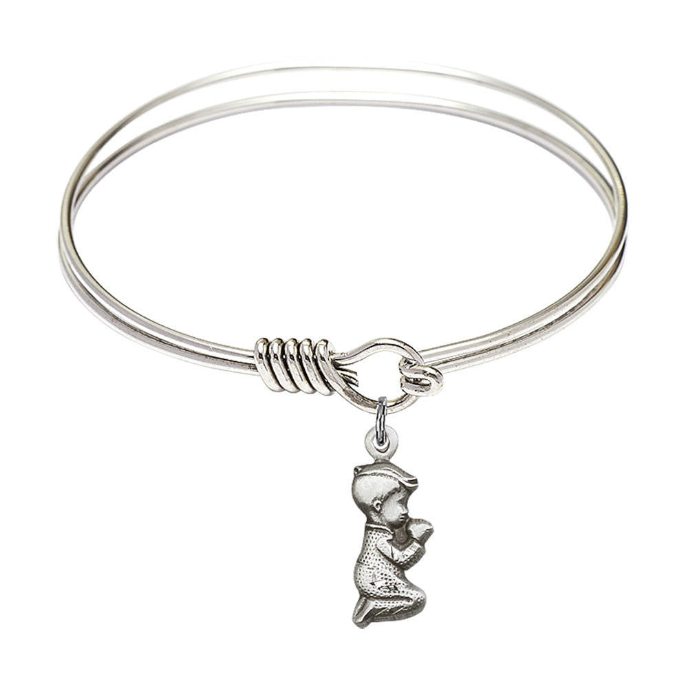 Praying Boy Round Eye Hook Bangle Bracelet - Sterling Silver Charm - 6.25 Inch 4263SS