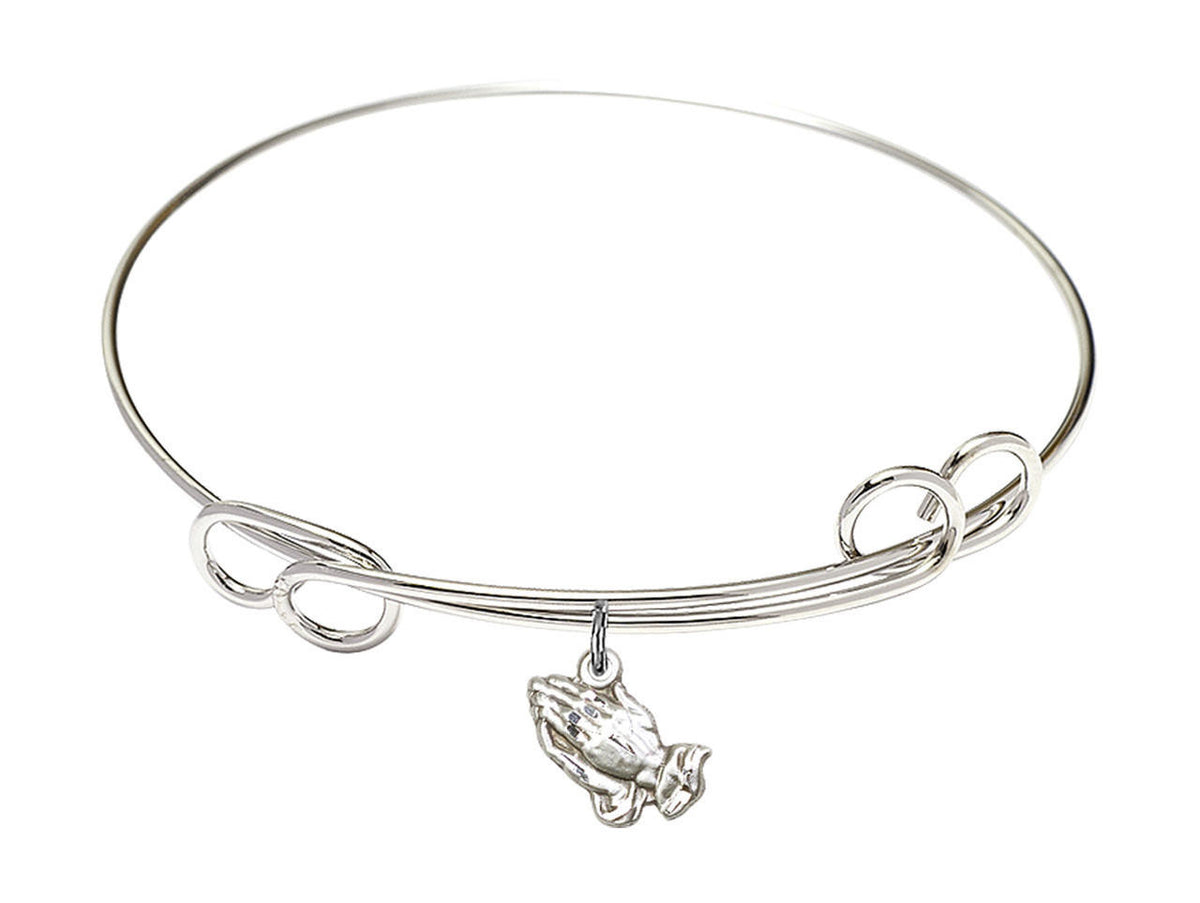 Praying Hands Double Loop Bangle Bracelet - Sterling Silver Charm