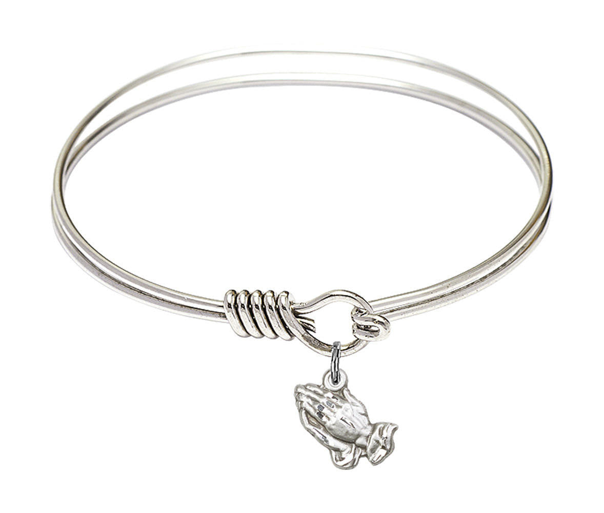 Praying Hands Round Eye Hook Bangle Bracelet - Sterling Silver Charm - 6.25 Inch 0220SS
