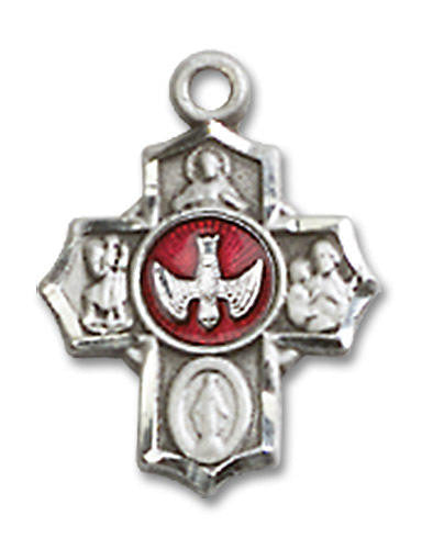 Red Inlay Confirmation 5-Way Medal Charm - Sterling Silver Pendant 3190ESS