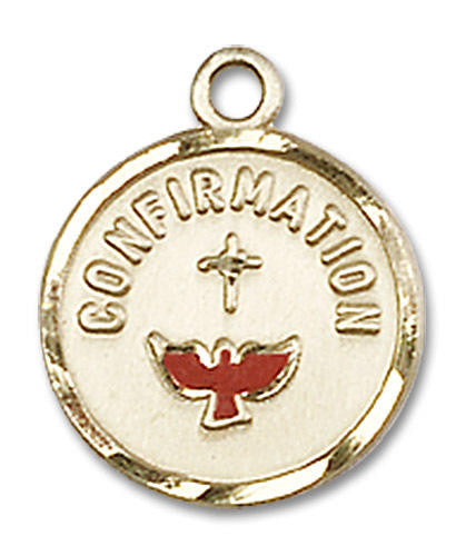 Red Inlay Confirmation Medal - 14kt Gold 5/8 x 1/2 Round Pendant 0601X