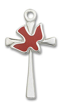 Red Inlay Holy Spirit Cross Pendant - Sterling Silver 7/8" x 1/2" (5229RSS)