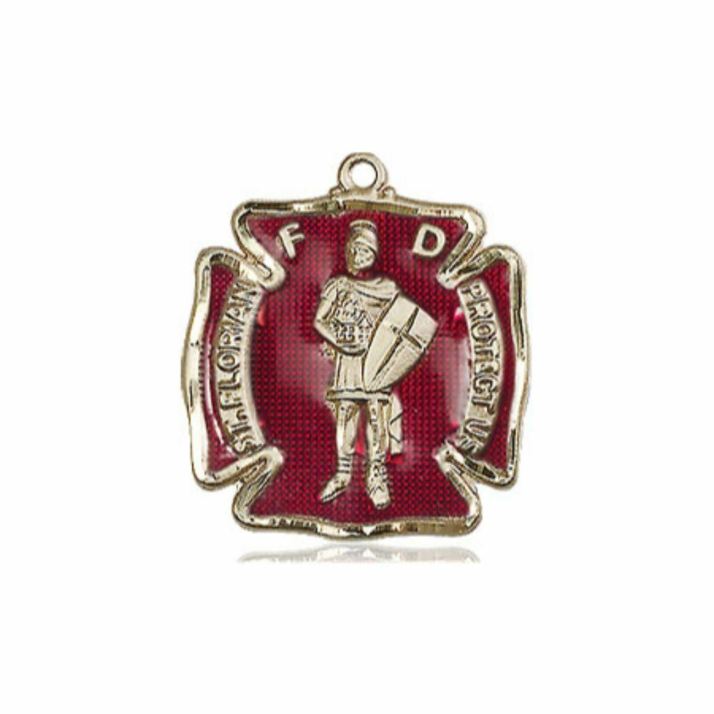 Red St Florian Firefighter Medal - 14kt Gold 3/4 x 5/8 Pendant 0070E