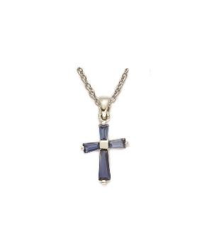 September Baguette Cross Necklace - Sterling Silver Pendant on 16" Stainless Chain (SX9024SH)