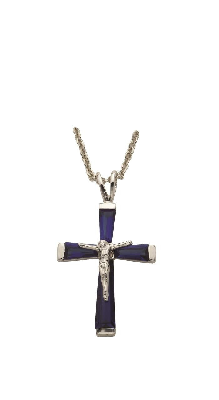 September Birthstone Crucifix Necklace - Sterling Silver Pendant on 18 Stainless Steel Chain SX9305SH
