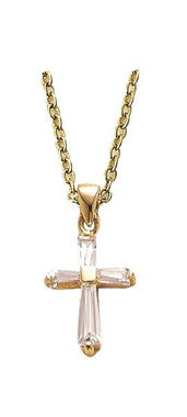 Small Baguette Cross Necklace - 24KT Gold Over Sterling Silver Pendant on 18" Stainless Chain (SX8318VH)