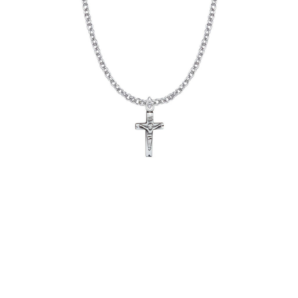 Small Crucifix Necklace - Sterling Silver Pendant On 16 Stainless Steel Chain SX1391SH
