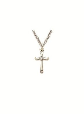 Small Cubic Zirconium Cross Necklace - Sterling Silver Pendant on 16" Stainless Chain (SX7959SH)